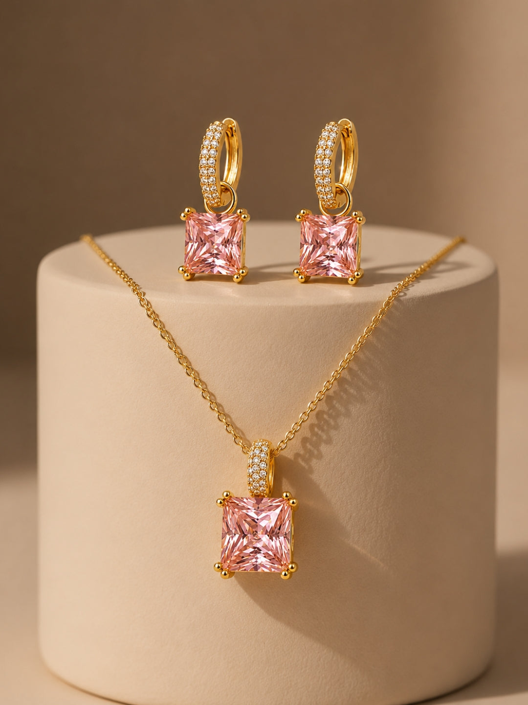 Pink Square-Cut Pendant Necklace & Huggie Earring Set, 18K Gold-Plated