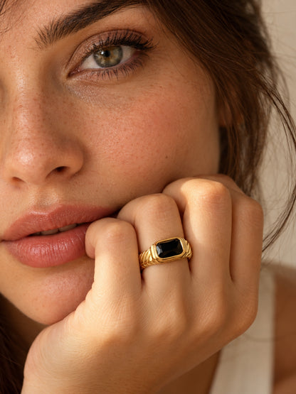 18K Gold Plated Black Onyx Signet Ring | Anti Tarnish Stainless Steel