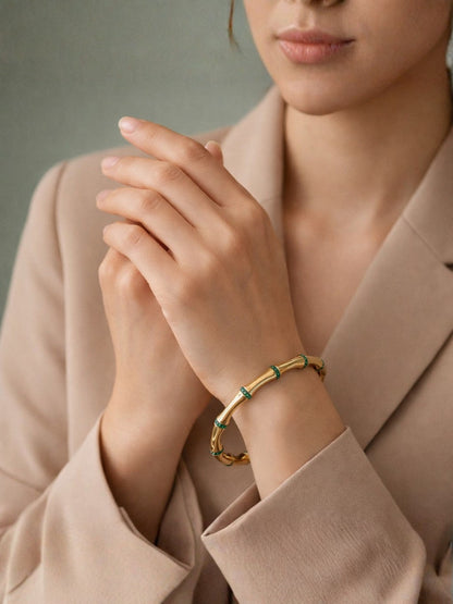 Emerald CZ Bamboo Cuff Bracelet in 18K Gold Plated Stainless Steel