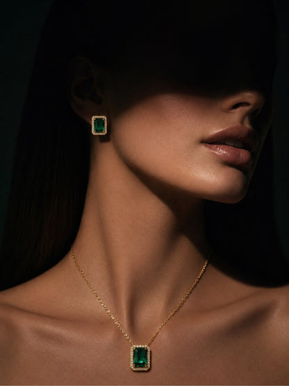 Verdena Green Halo Necklace & Earring Set, 18K Gold-Plated