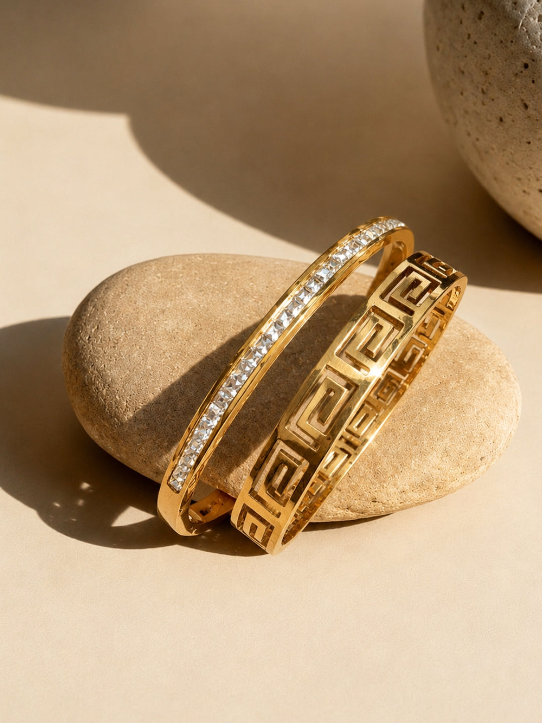 Row-Set Shine & Greek Key Cut-Out Bangle Duo