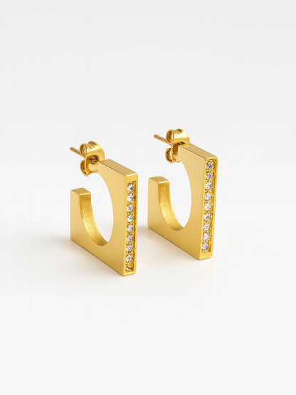 Square Studded Gold Half Hoop Earrings – 18K Gold Plated CZ
