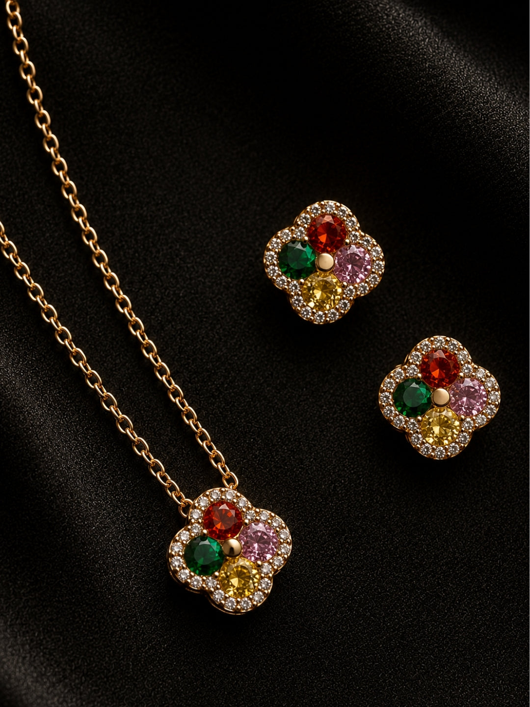Gioia Multicolor Halo Necklace & Earring Set, 18K Gold-Plated