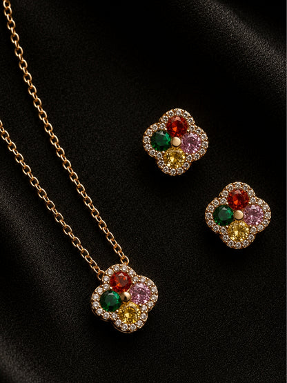 Gioia Multicolor Halo Necklace & Earring Set, 18K Gold-Plated