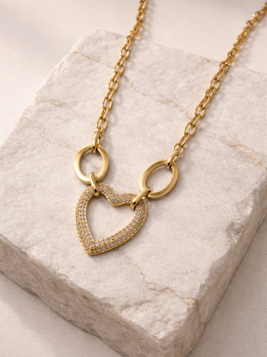 Heart Statement Linked Chain Necklace – 18K Gold Plated