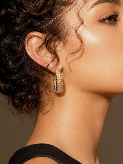 Navratna-Inspired Pavé Open Hoop Earrings, 18K Gold-Plated