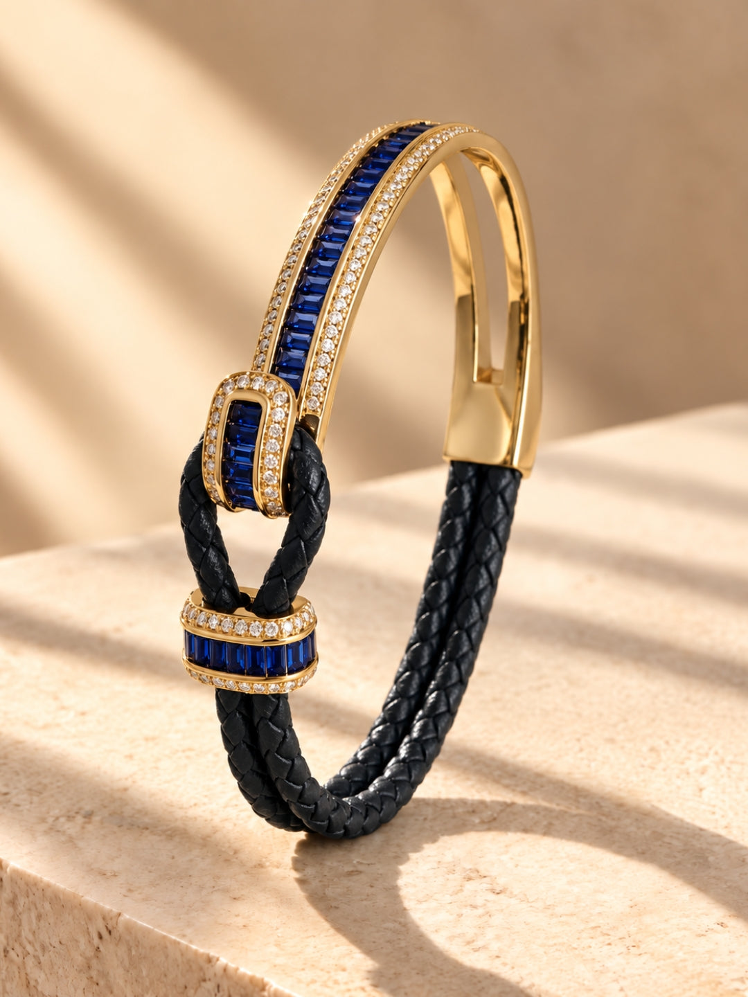 Navy Studded leather Band Cuff  - 18KT Gold Plated