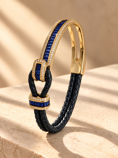 Navy Studded leather Band Cuff  - 18KT Gold Plated
