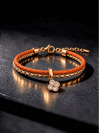Rust Braided Double line Clover Band Cuff-18KT Gold Plated