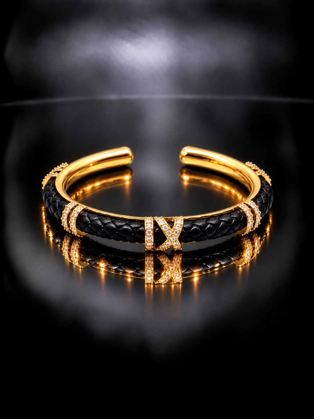 Black Braided Roman Numeral Studded Bangle -18KT Gold Plated