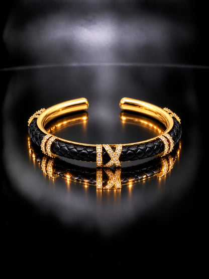 Black Braided Roman Numeral Studded Bangle -18KT Gold Plated