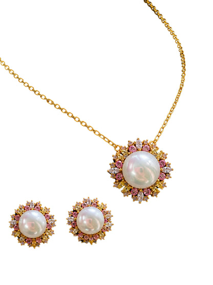 Corolla Pearl Sunburst Necklace & Earring Set, 18K Gold-Plated