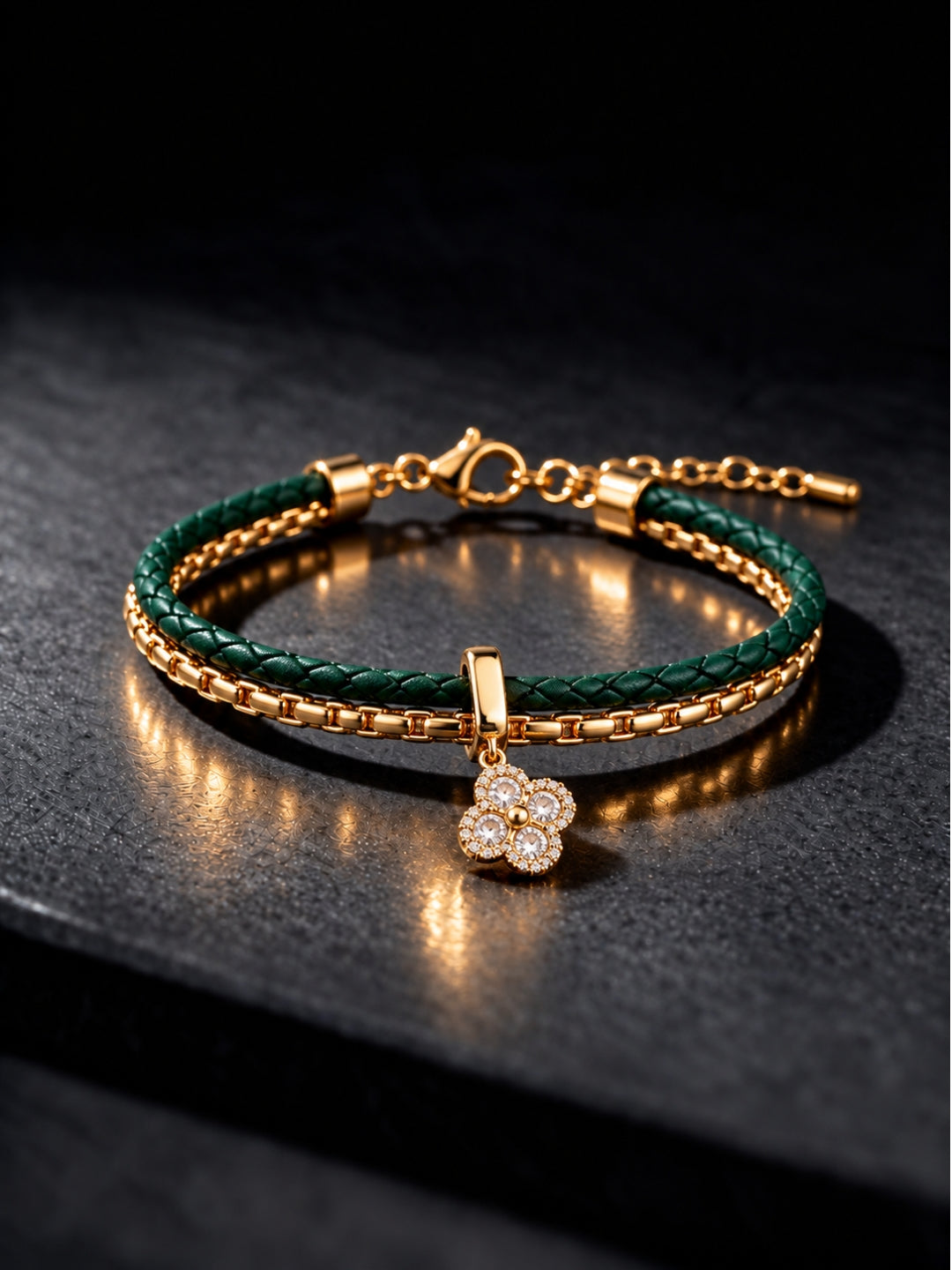 Emerald Braided Double line Clover Band Cuff-18KT Gold Plated