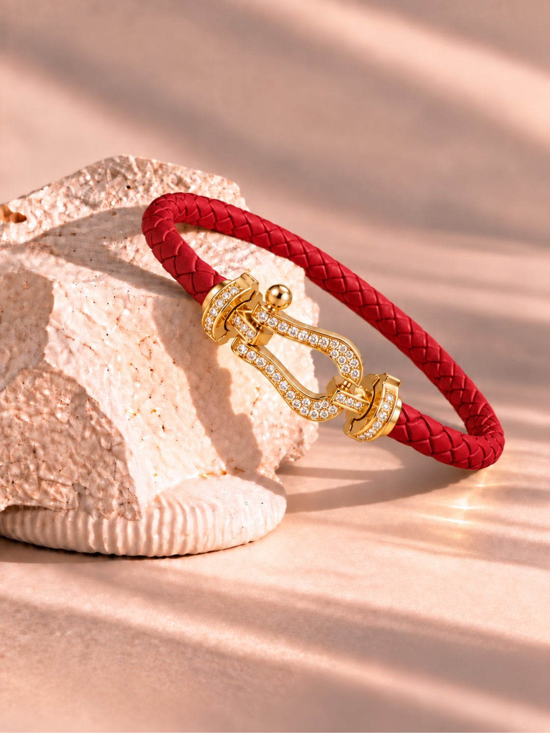 Red Studded Braided Leather Gold Magnetic Bracelet -18KT Gold Plated