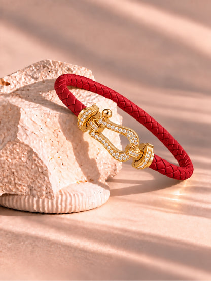 Red Studded Braided Leather Gold Magnetic Bracelet -18KT Gold Plated
