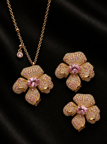 Boccio Pink Pavé Flower Necklace & Earring Set, 18K Gold-Plated