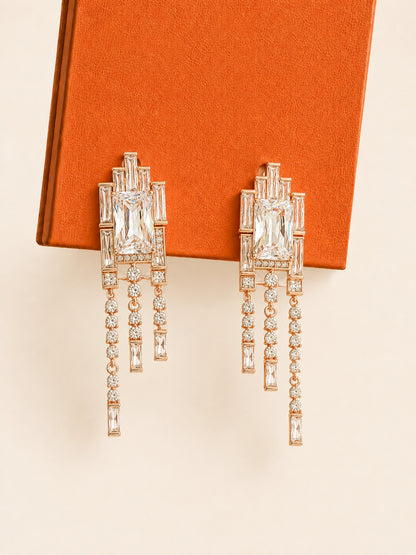 Art Deco Radiant-Cut Fringe Drop Earrings, 18K Rose Gold-Plated