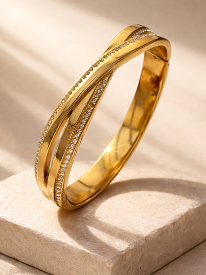 18K Gold Plated CZ Cross Bangle Bracelet | Anti Tarnish Steel