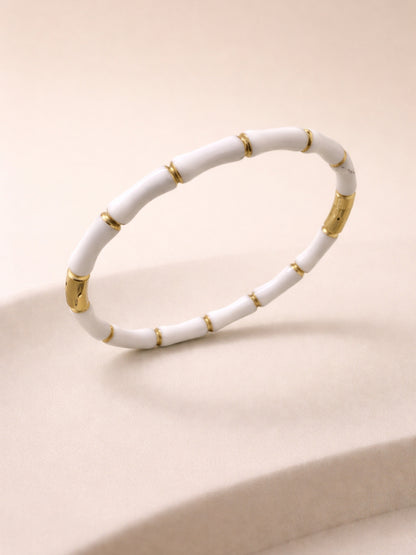 White Enamel Bamboo Gold Cuff Bracelet – Anti Tarnish, CZ Stone
