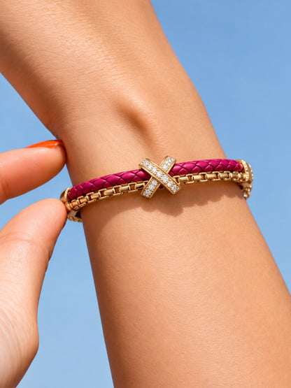 Fuchsia Pink Braided Double line Knot Band Cuff-18KT Gold Plated