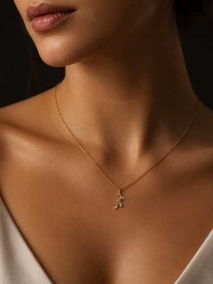 18K Gold Tiny Leaf CZ Pendant Necklace for Women | Anti Tarnish