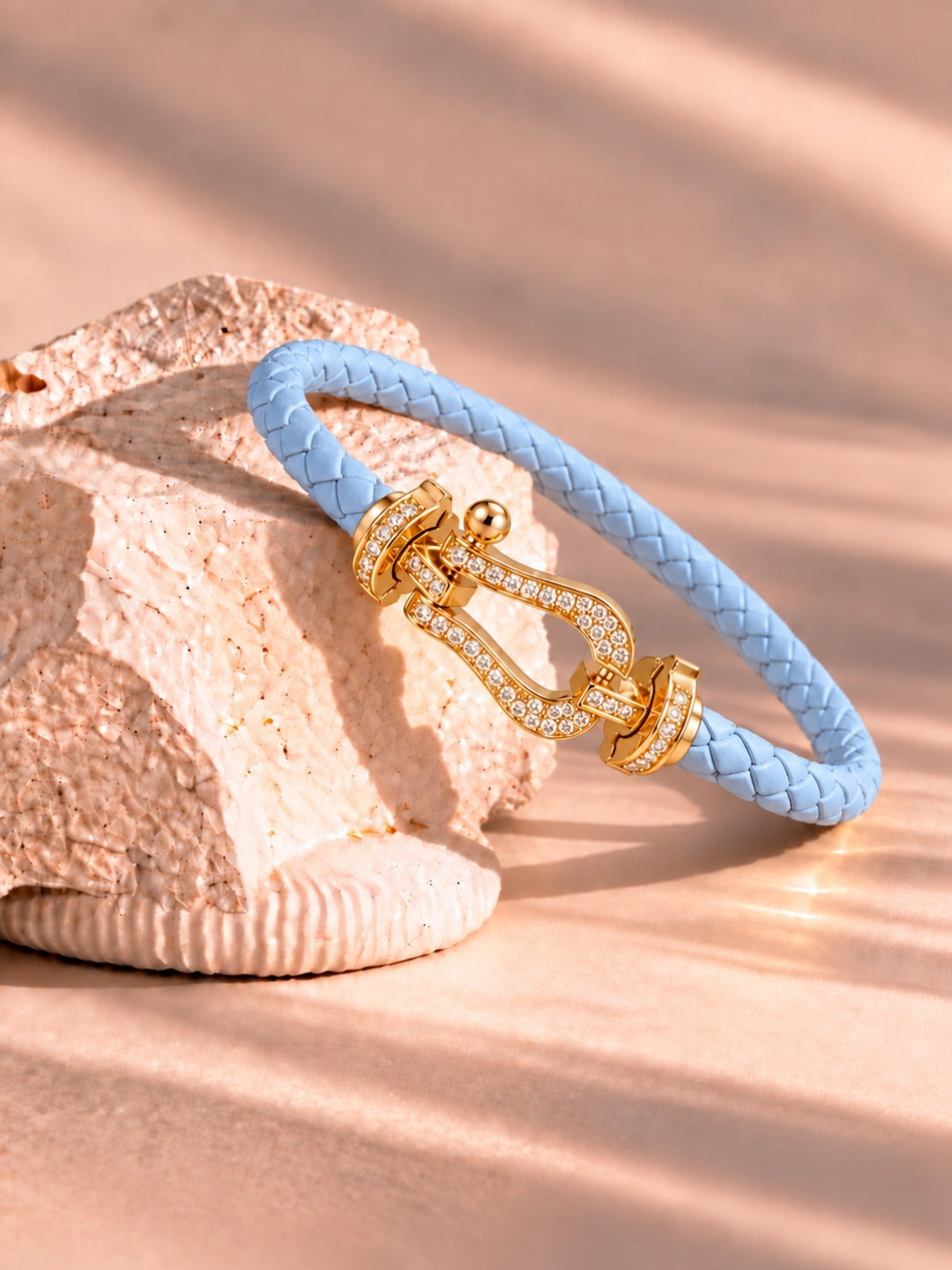 Sky Blue Studded Braided Leather Gold Magnetic Bracelet -18KT Gold Plated