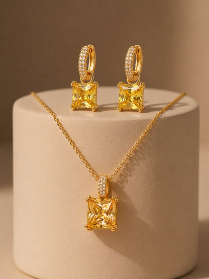 Yellow Square-Cut Pendant Necklace & Huggie Earring Set, 18K Gold-Plated