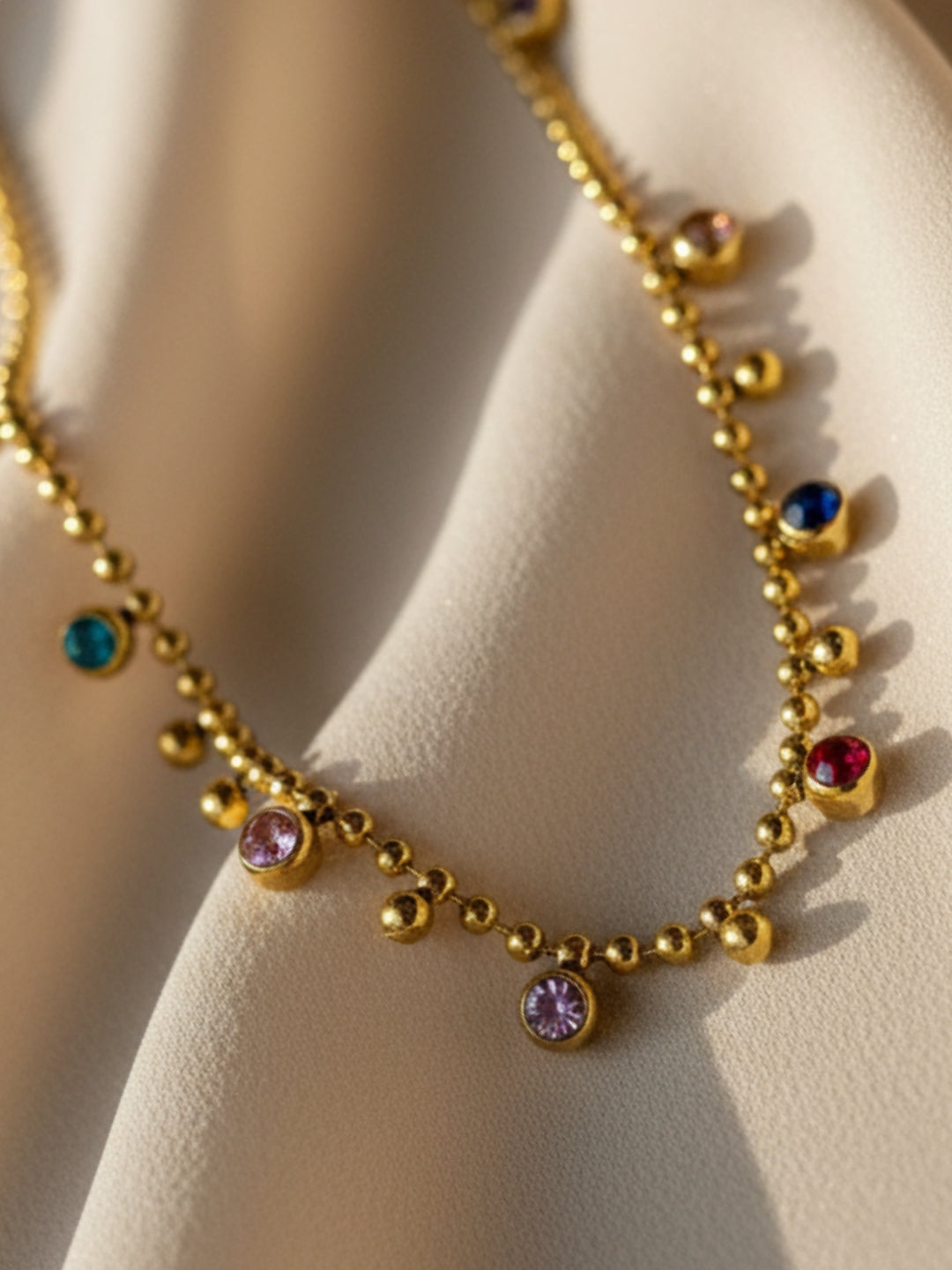 Anti-Tarnish Multicolor Beaded Stone Chain | 18K Gold CZ Jewelry