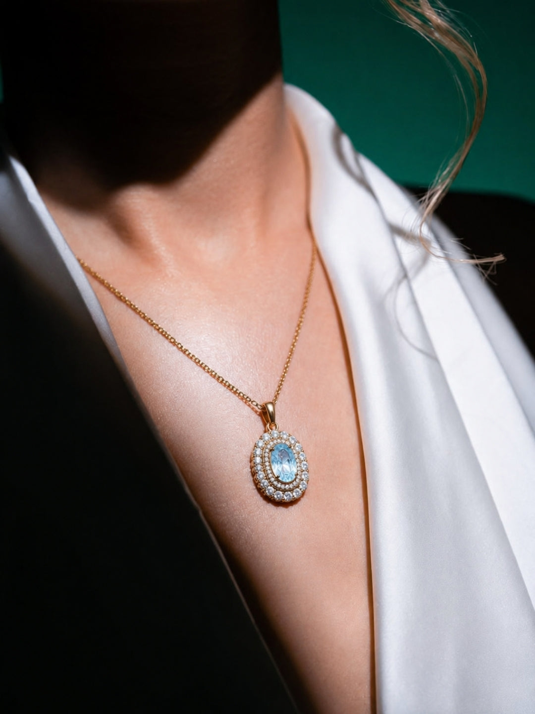 Acquamarina Double Halo Necklace & Earring Set, 18K Gold-Plated