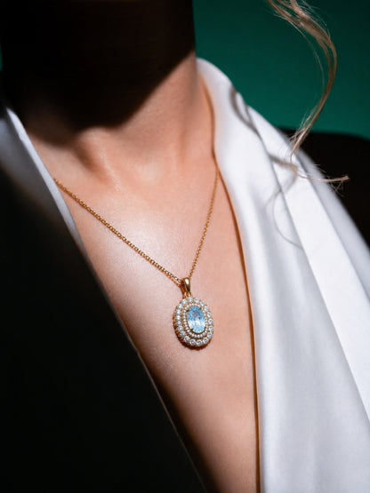Acquamarina Double Halo Necklace & Earring Set, 18K Gold-Plated