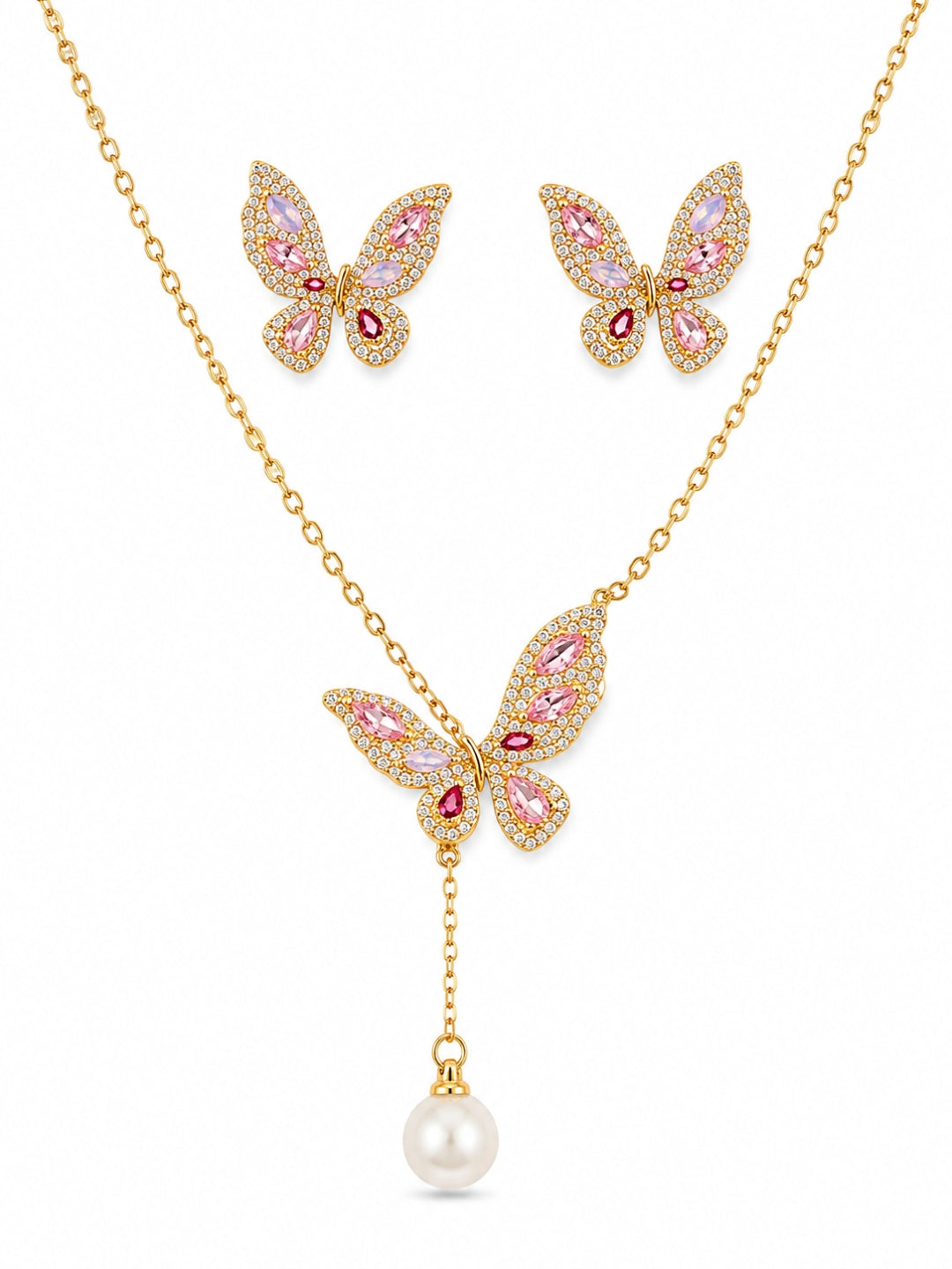 Pink Gold Butterfly & Pearl Drop Necklace-Earring Set