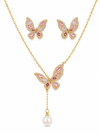 Pink Gold Butterfly & Pearl Drop Necklace-Earring Set