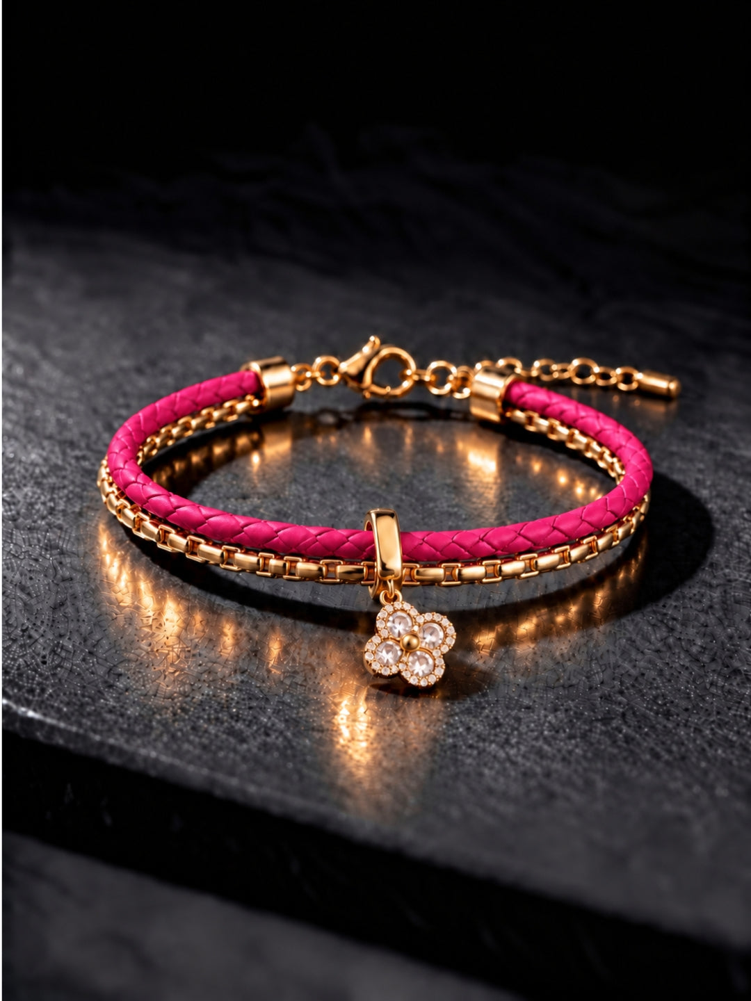 Fuchsia Pink Braided Double line Clover Band Cuff-18KT Gold Plated