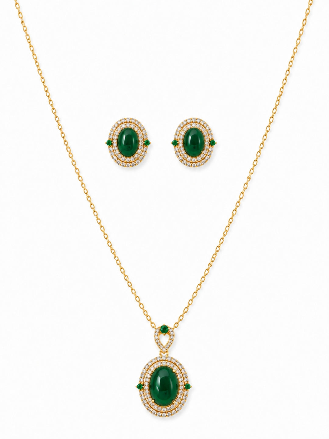Prato Green Cabochon Halo Necklace & Earring Set, 18K Gold-Plated