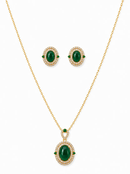 Prato Green Cabochon Halo Necklace & Earring Set, 18K Gold-Plated