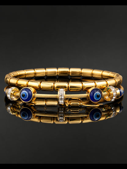 Evil Eye & Gold Striped Bracelet Stack – Set of 2