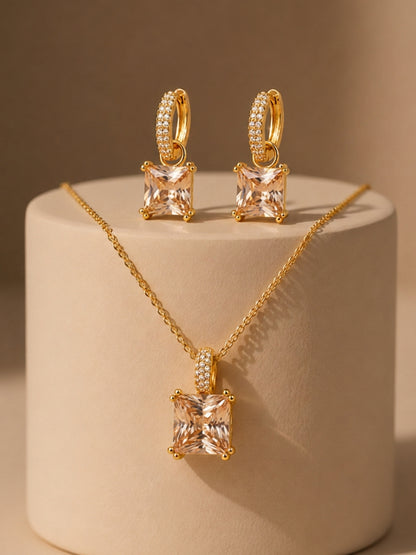 Champagne Square-Cut Pendant Necklace & Huggie Earring Set
