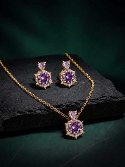 Ametista Crystal Halo Necklace & Earring Set, 18K Gold-Plated