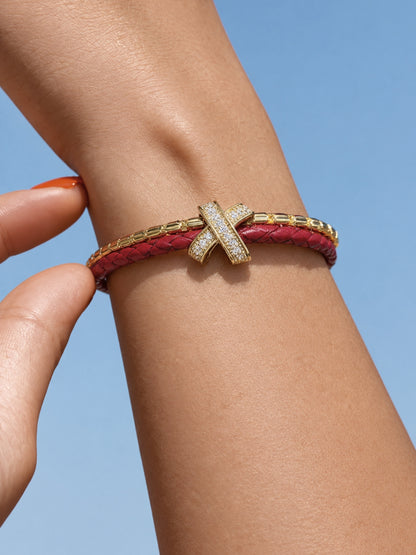 Dark Red Braided Double line Knot Band Cuff - 18KT Gold Plated