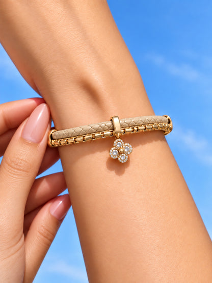 Beige Braided Double line Clover Band Cuff -18KT Gold Plated