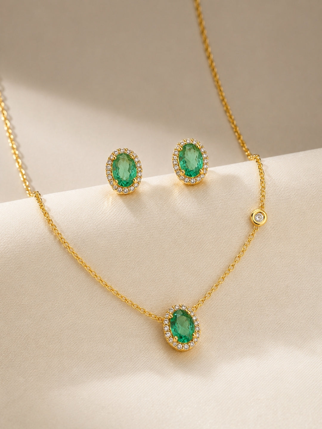 Pino Green Oval Halo Necklace & Earring Set, 18K Gold-Plated