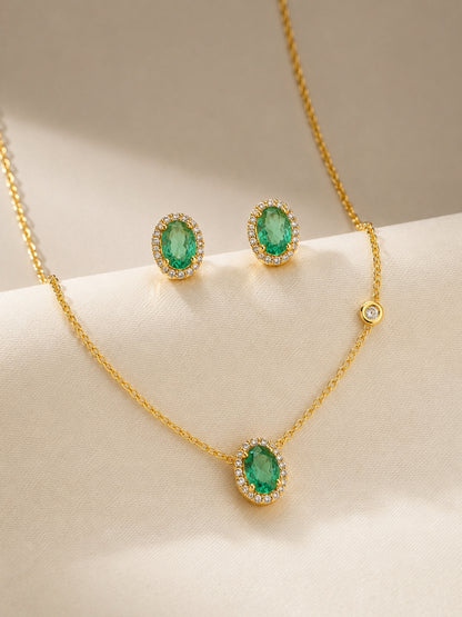 Pino Green Oval Halo Necklace & Earring Set, 18K Gold-Plated