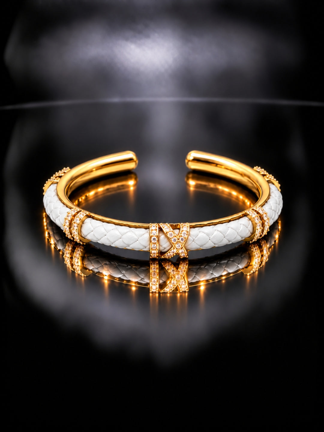 White Braided Roman Numeral Studded Bangle -18KT Gold Plated