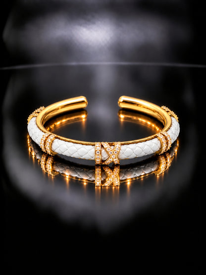 White Braided Roman Numeral Studded Bangle -18KT Gold Plated