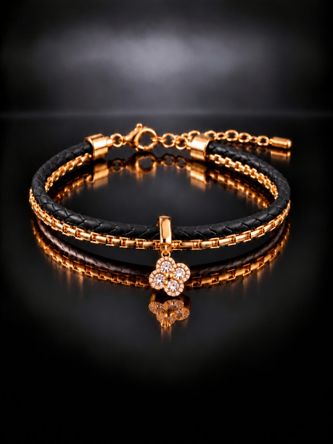 Black Braided Double line Clover Band Cuff -18KT Gold Plated