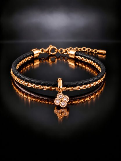Black Braided Double line Clover Band Cuff -18KT Gold Plated
