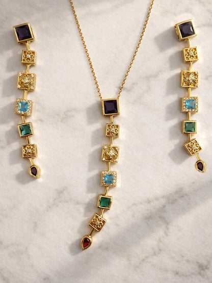Gothic Pastel Statement Necklace & Earrings Set – 18K Gold Plated