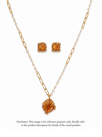 Adeline" Champagne Crystal Pendant Set — 18K Gold Plated with Pearl Accent Chain