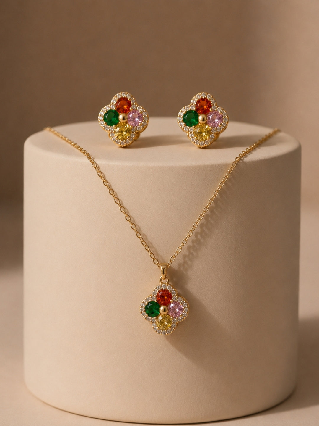 Gioia Multicolor Halo Necklace & Earring Set, 18K Gold-Plated