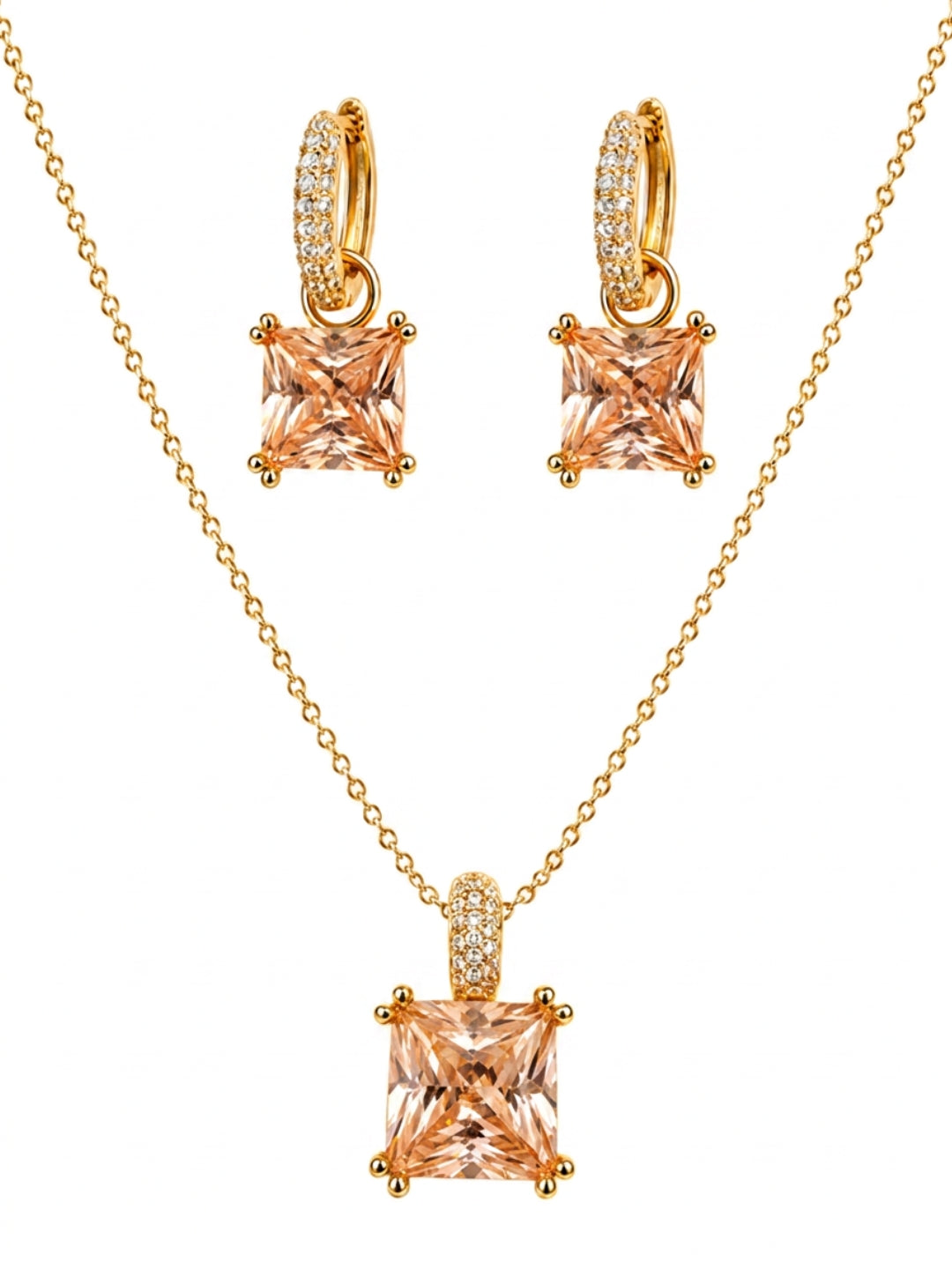 Champagne Square-Cut Pendant Necklace & Huggie Earring Set